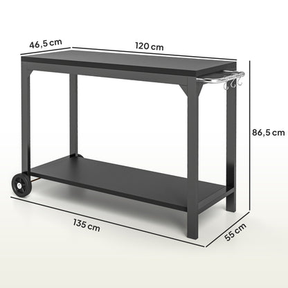 HOMCOM Garden Trolley Steel Serving Cart for Plancha Grill Service Trolley with Wheels Outdoor Serving Trolley with Worktop 135L X 55W X 86.5H Cm Black