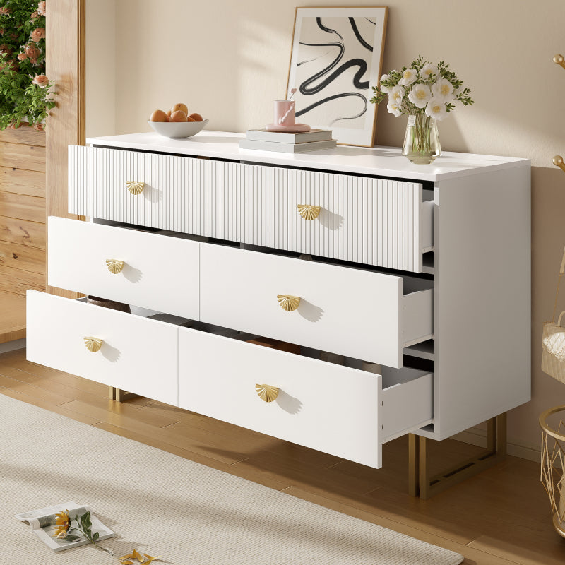 Modern Sideboard – Dressoir – Opbergkast – Ladekast – Sidecabinet – Wit Met Gouden Accenten – 6 Ruime Lades – Stevige MDF En Stalen Constructie