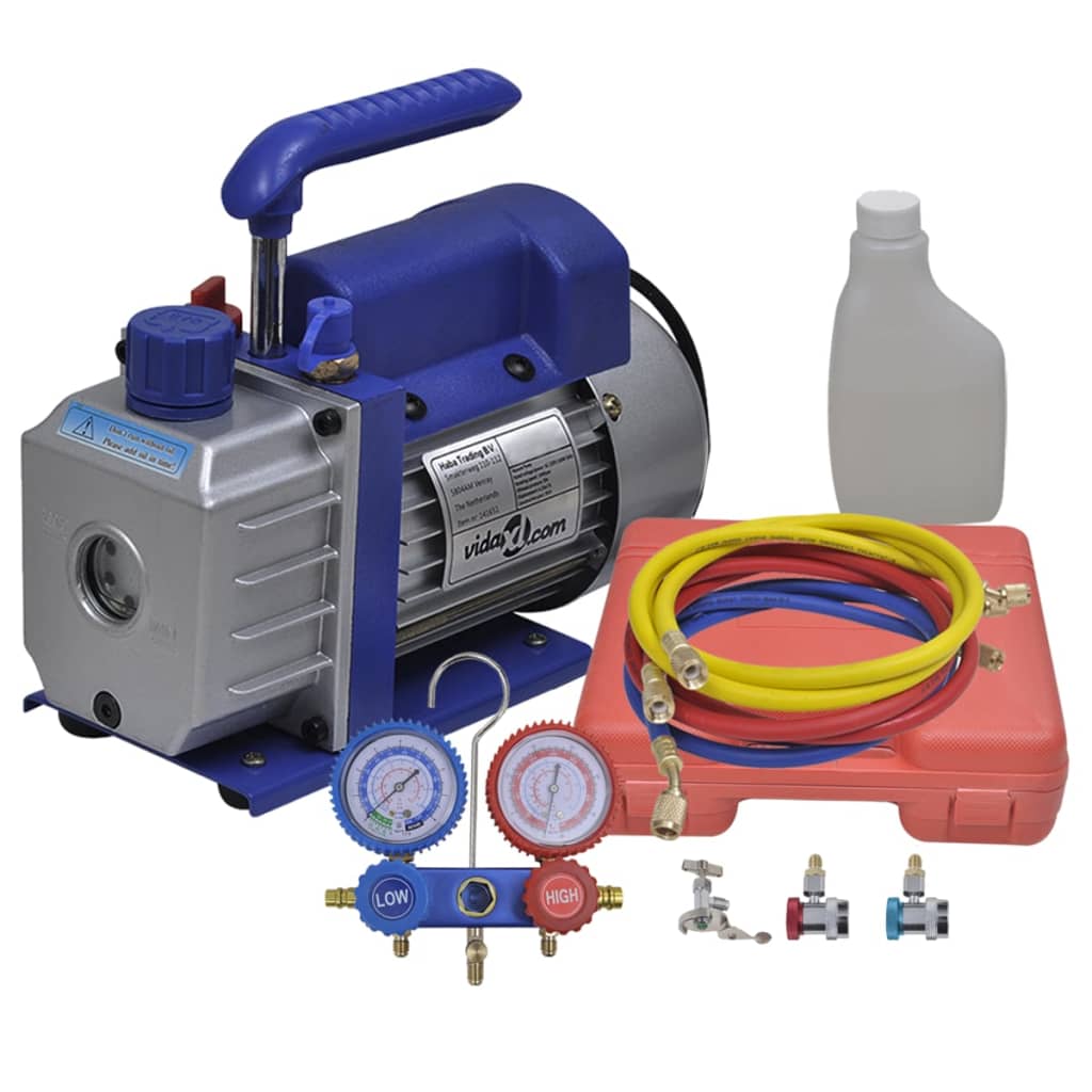 Vacuümpomp – Vacuümpompset – Manometerset – Koelpomp – Aircopomp – 1-Fase Vacuümpomp – Aluminium Behuizing – Inclusief 2-Wegs Manometer