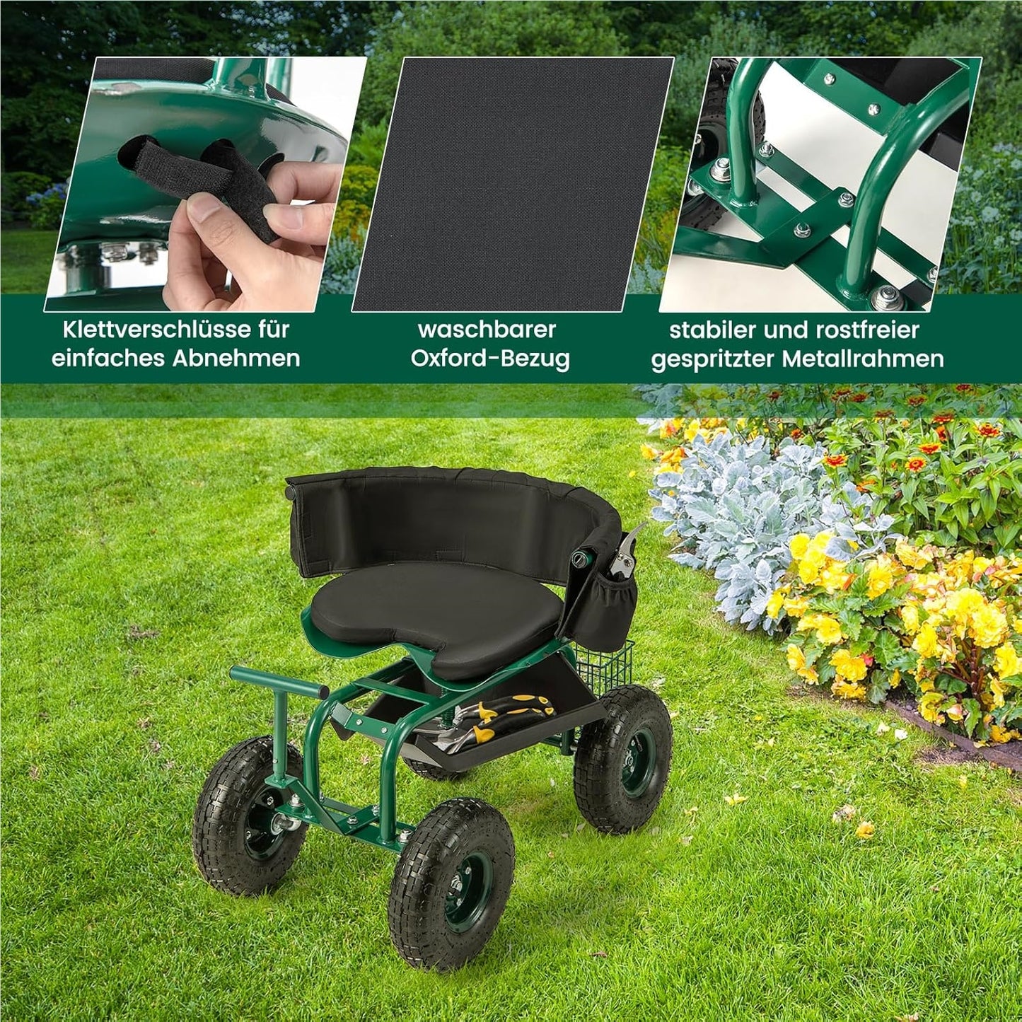 Tuinstoel – Tuinstoelen – Tuinwagen – Tuinmeubel – Tuinkruk – 360° Draaibaar – In Hoogte Verstelbaar – Met Wielen – Met Opbergruimte – Met Kussen – Max 150 kg – Groen Metalen Frame