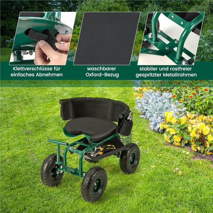 Tuinstoel – Tuinstoelen – Tuinwagen – Tuinmeubel – Tuinkruk – 360° Draaibaar – In Hoogte Verstelbaar – Met Wielen – Met Opbergruimte – Met Kussen – Max 150 kg – Groen Metalen Frame