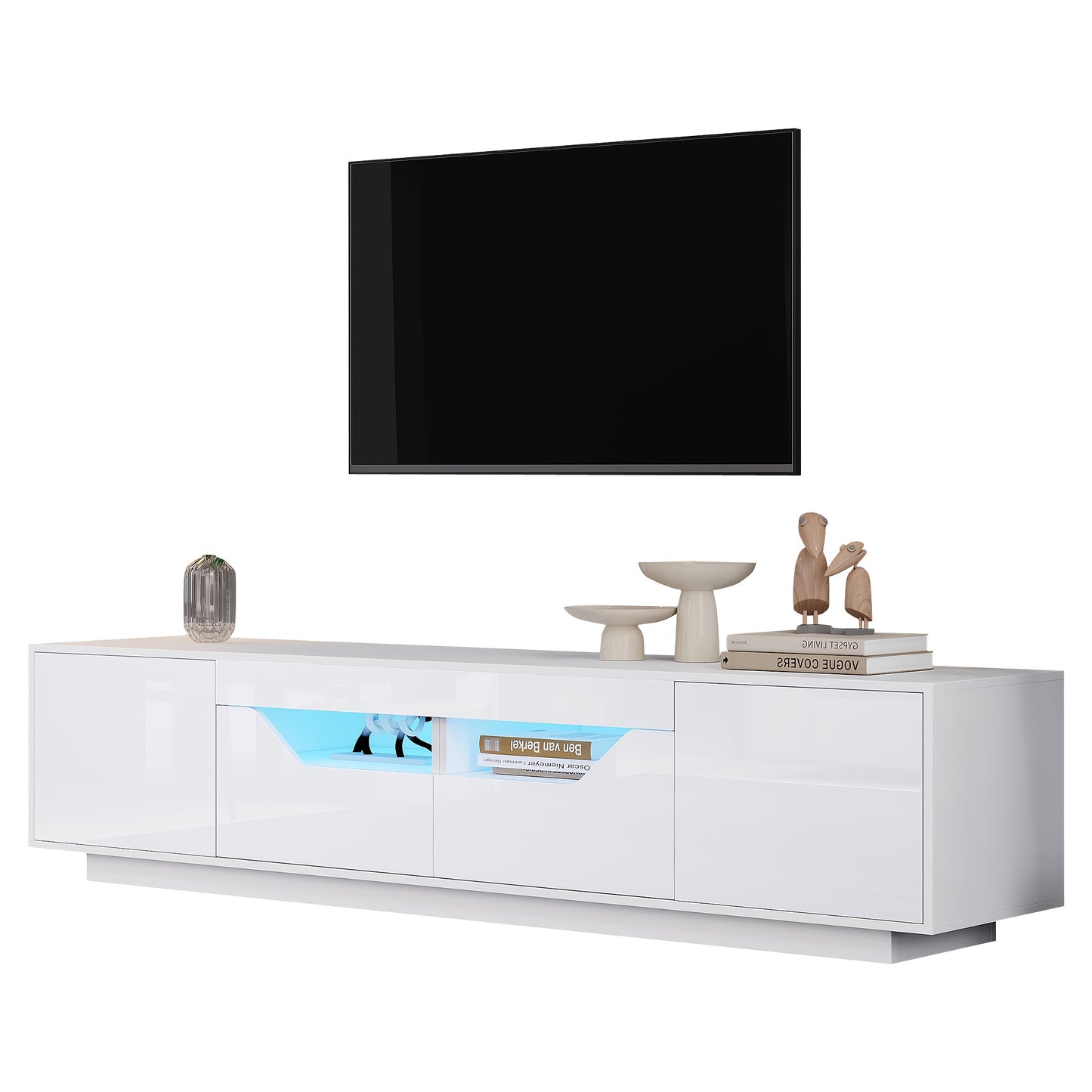 Modern White Freestanding TV Stand with 2 Drawers & 2 Cabinets, TV Board & Storage Shelf - Heavy-Duty Metal Construction, Minimalist Media Console for 75-Inch TVs, Space-Saving Low-Profile Design, Compatible with Large TVs up