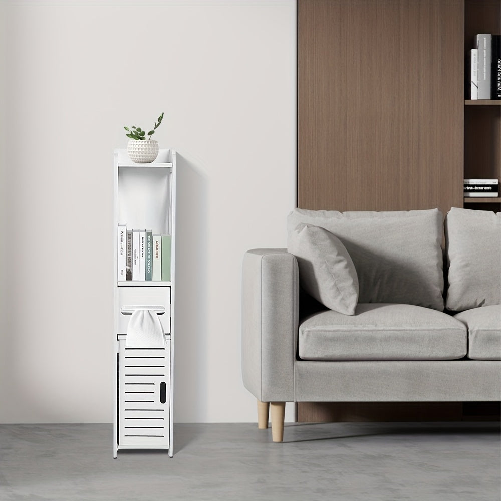 Badkamerkast – Opbergkast – Kolomkast – Opbergmeubel – Smalle Kast – Compact Ontwerp – PVC en Hardhout – 15x15x80 cm – Wit – Vrijstaand – Met Deur