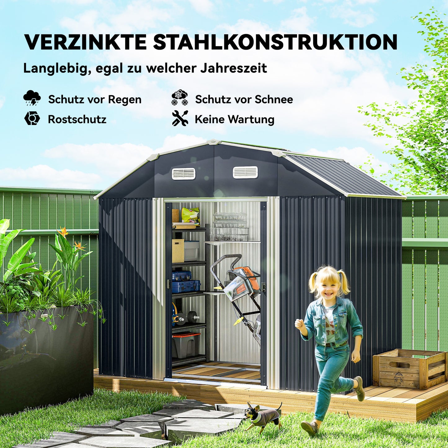 Tuinhuis – Tuinhuisopslag – Tuinhok – Berging – Schuur – Donkergrijs – Weerbestendig Kunststof – Dubbele Deuren Met Ramen – 238x132x198,5 cm