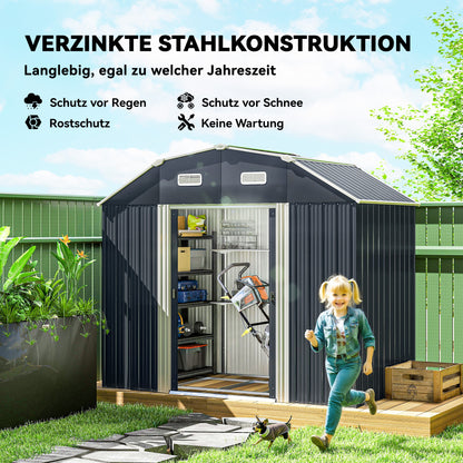 Tuinhuis – Tuinhuisopslag – Tuinhok – Berging – Schuur – Donkergrijs – Weerbestendig Kunststof – Dubbele Deuren Met Ramen – 238x132x198,5 cm