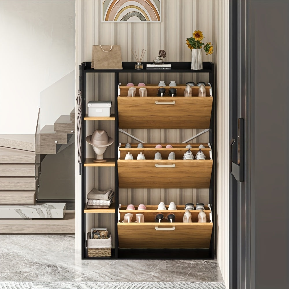 Schoenenkast – Schoenenopberger – Schoenenrek – Halmeubel – Schoenentoren – Smal Design – 3 Deuren – Hardhouten Constructie – Zwarte Afwerking – Bovenblad Display – Ruimtebesparend