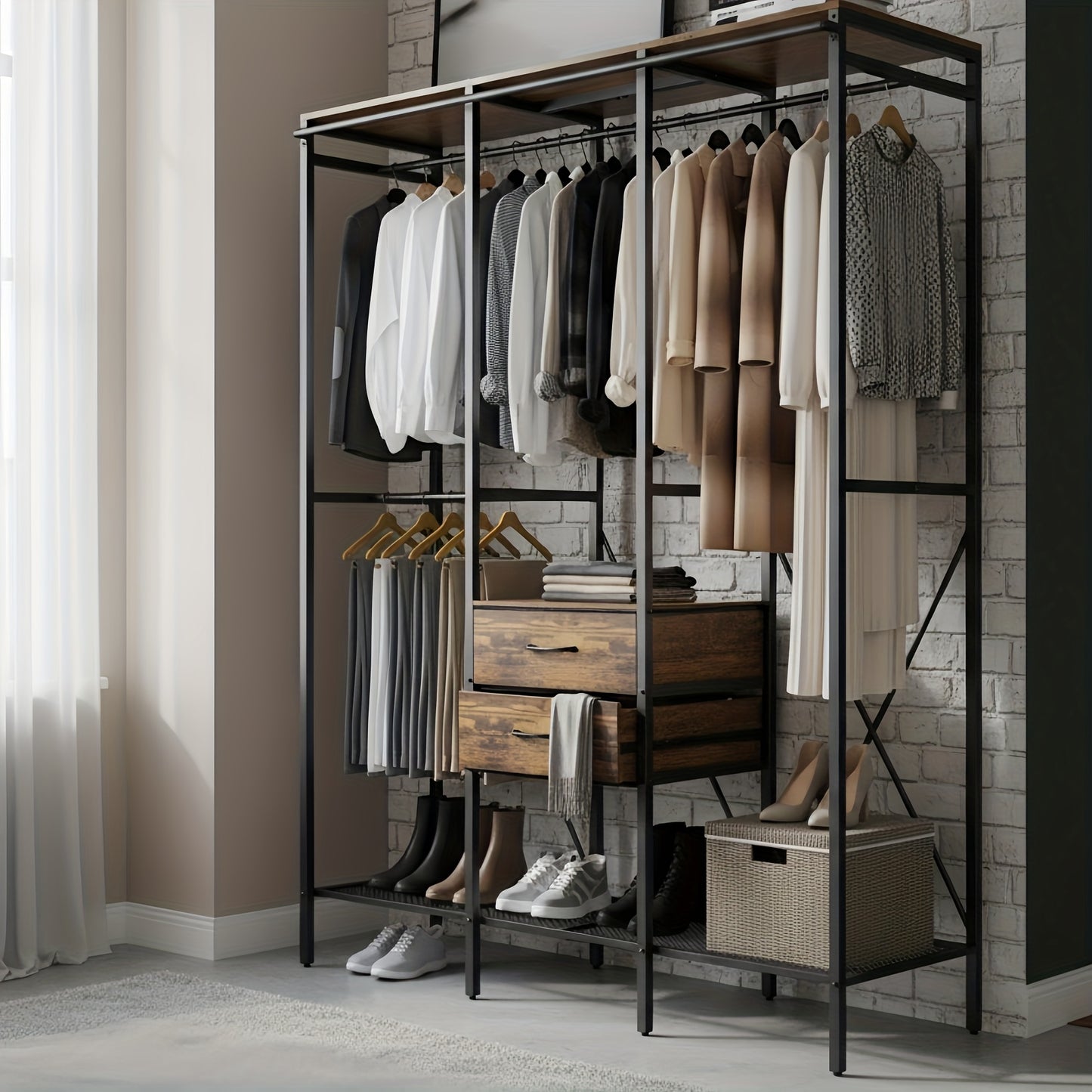 Heavy Duty Kledingrek – Kledingstandaard – Garderoberek – Kledingwagen – Kast Organizer – Met Stofbestendige Gordijn En Laden – Industrieel Design 149,5x50x214 cm