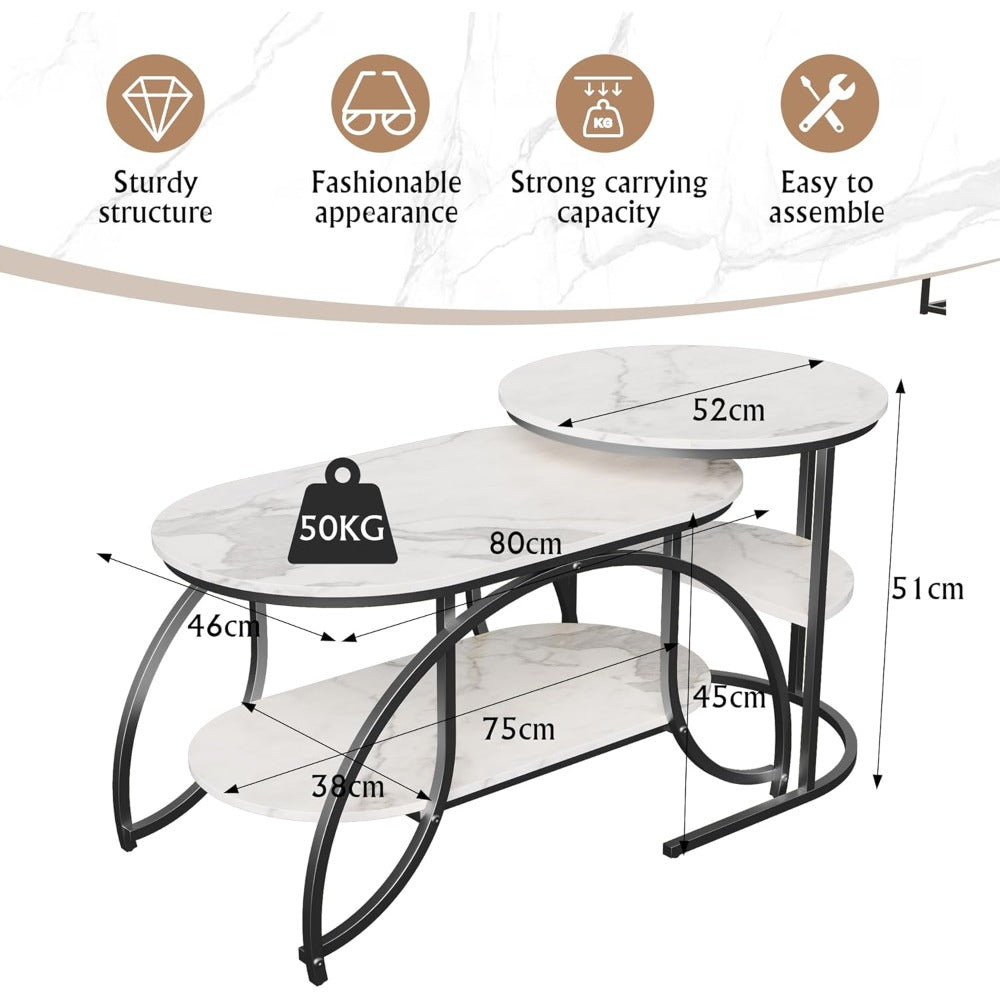 Salontafel – Bijzettafel – Woonkamertafel – Koffietafel – Tafelset – Ronde Tafels – Marmerlook Blad – Gouden Metalen Poten