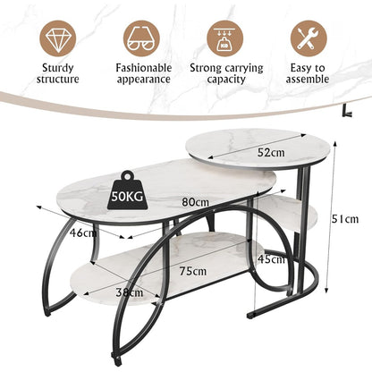 Salontafel – Bijzettafel – Woonkamertafel – Koffietafel – Tafelset – Ronde Tafels – Marmerlook Blad – Gouden Metalen Poten