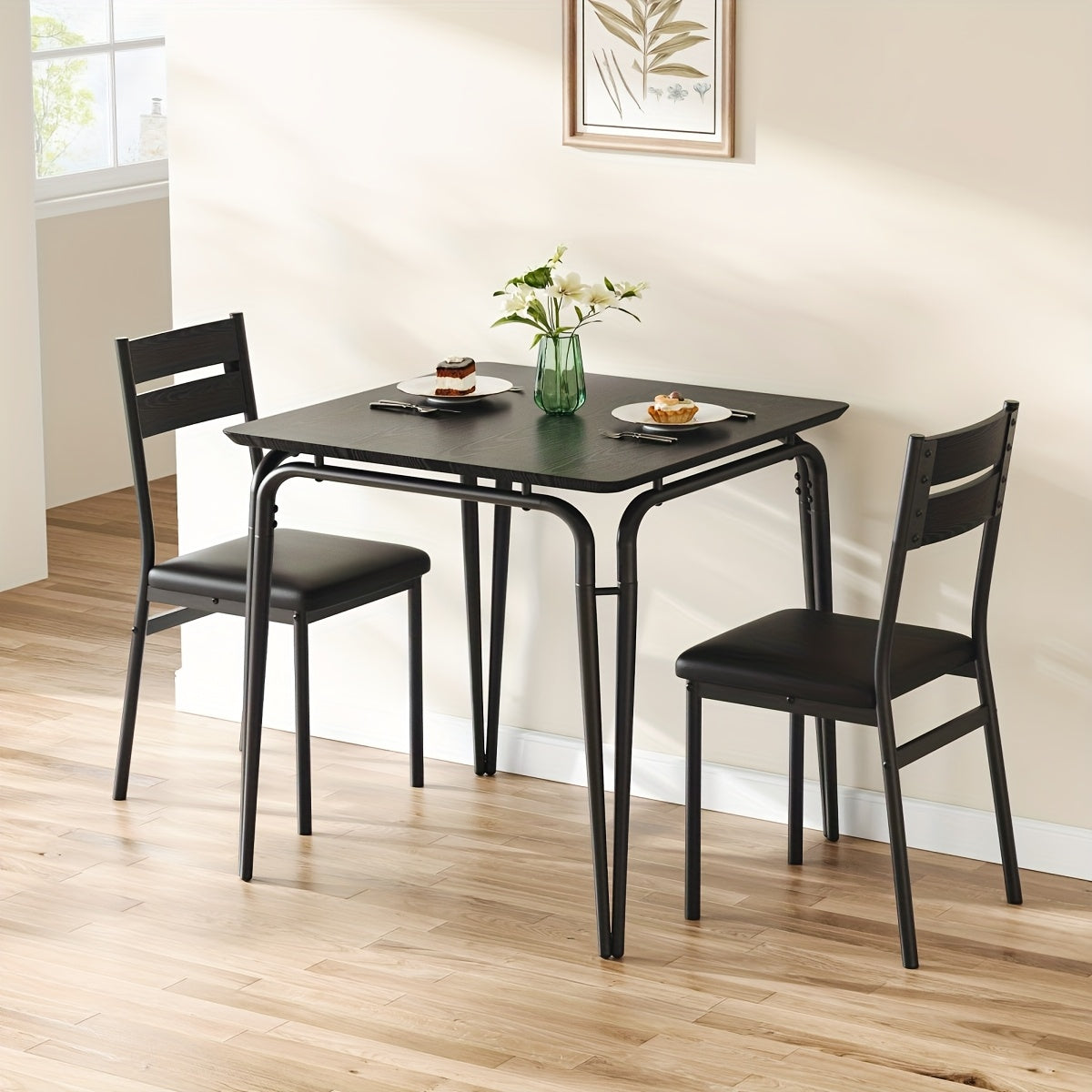 3pcs Compact Space-Saving Small Dining Set with Black Table & Chairs - Modern Classic Style Square Dinette Table with White Legs & Black Frame, MDF Wood Tabletop & Padded Chairs for Apartments, Kitchens, Studios - Easy-Clean