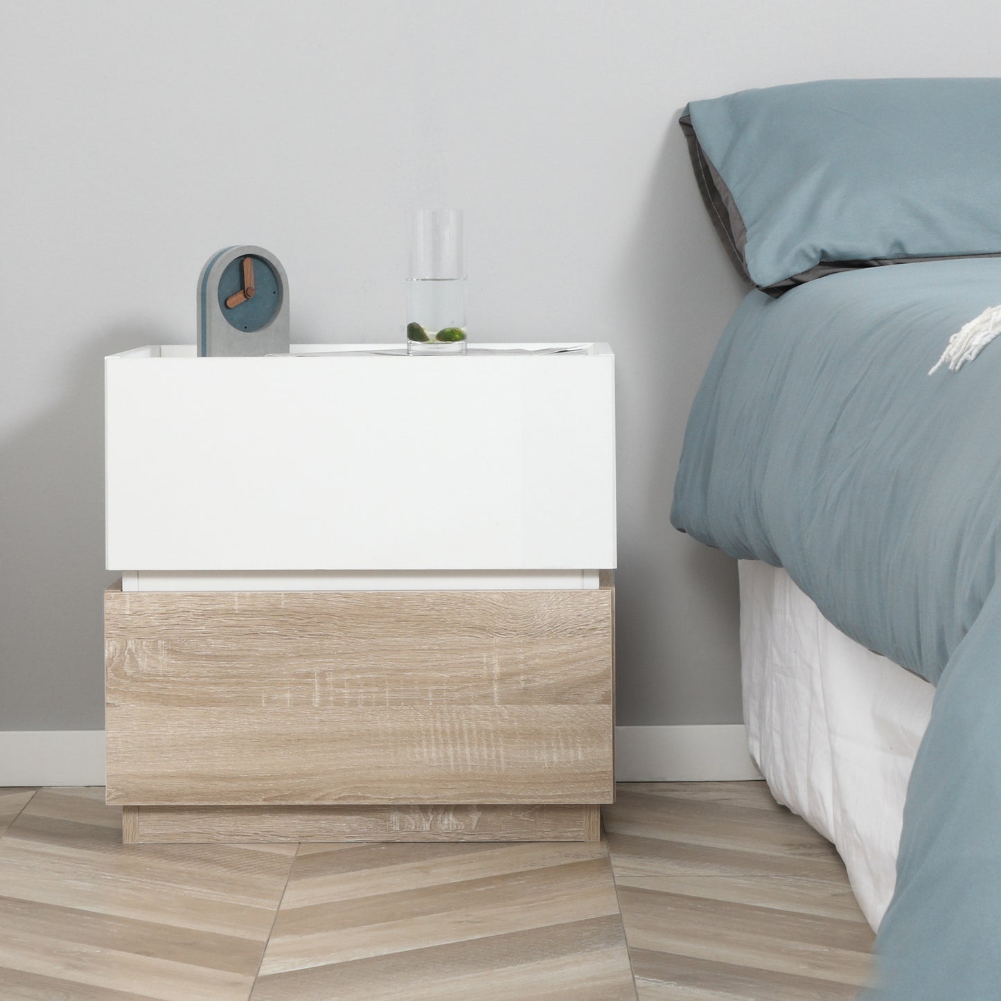 Nachtkastje – Nachtkast – Bedkastje – Bijzettafel – Opbergkast – Stapelbaar Design – Natuurlijk Hout & Wit – 50x40x47,5 cm – 2 Ruime Laden