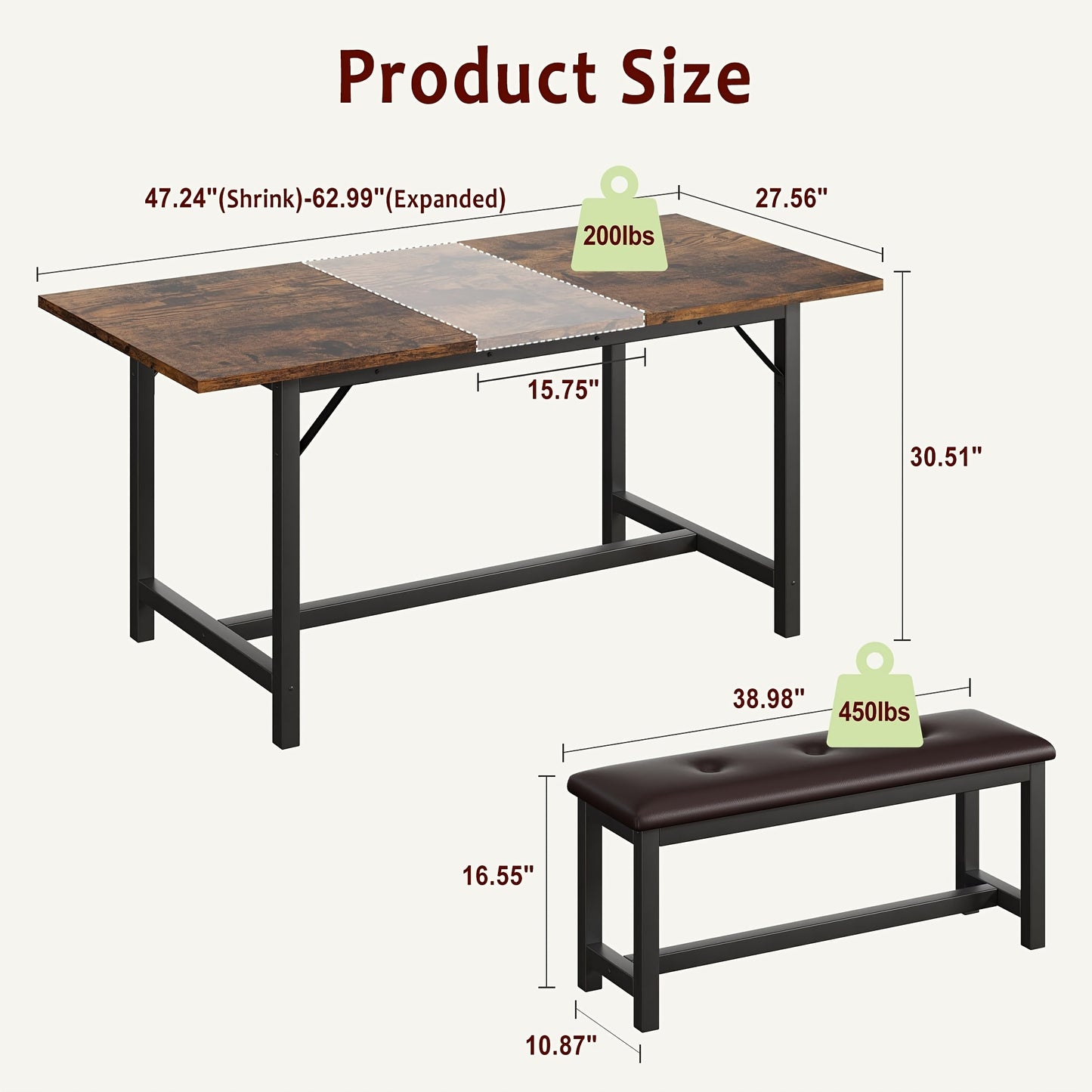 3pcs Large Extendable Dining Table Set for 4-6 People with 2 Upholstered Benches - Solid Retro Brown Kitchen Table, Space-Saving Expandable Design for Apartment, Family, Gatherings - Fits 4-6 Seaters