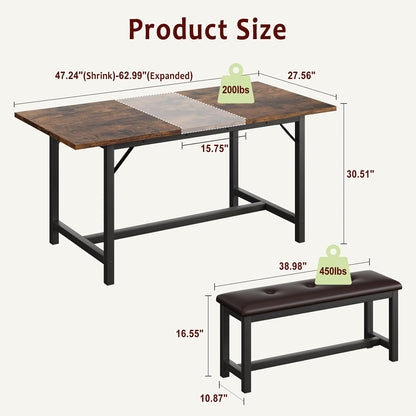 3pcs Large Extendable Dining Table Set for 4-6 People with 2 Upholstered Benches - Solid Retro Brown Kitchen Table, Space-Saving Expandable Design for Apartment, Family, Gatherings - Fits 4-6 Seaters
