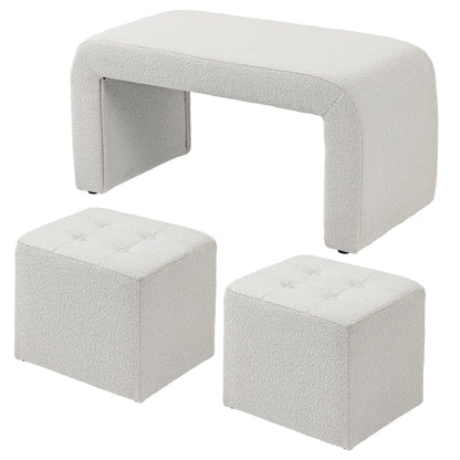 Poef – Ottoman – Voetenbank – Zitzak – Opbergpoef – 3-delig – Button Tufted – Crème – 89x42,5x45 cm
