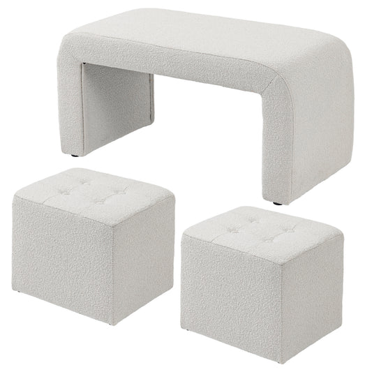 Poef – Ottoman – Voetenbank – Zitzak – Opbergpoef – 3-delig – Button Tufted – Crème – 89x42,5x45 cm