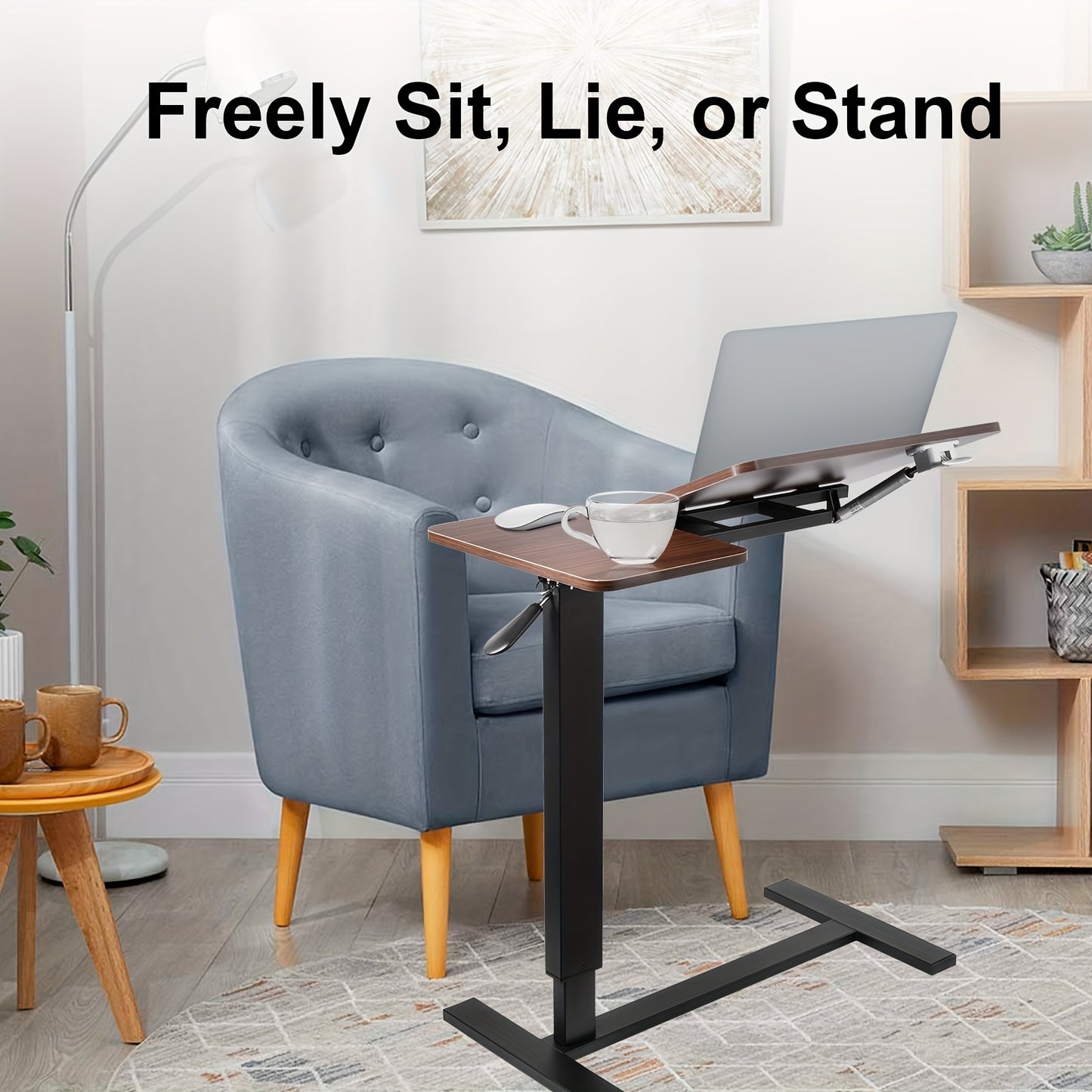 Mobiele Bedtafel – Verstelbaar Laptop Tafeltje – Hydraulische Laptopstandaard – Draaibare Laptopsteun – Ergonomisch Zit-Sta Bureau – Hoogte 80-116 cm – Anti-slip Rand – Compact Opvouwbaar