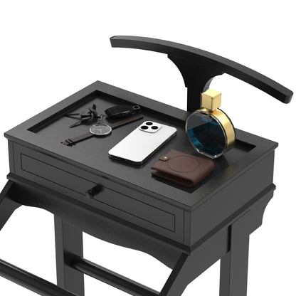 Houten Valet Stand – Kledingrek – Garderoberek – Kleerhanger – Jasstandaard – Zwart Hardhout – Compact Met Plank En Haken