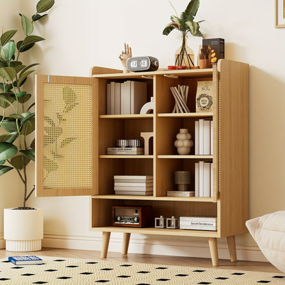 Schoenenkast – Schoenenopberger – Halkast – Schoenenrek – Schoenenbank – Modern Rotan – Dubbele Deuren – 5 Verstelbare Planken – Vrijstaand – 80 cm Breed – 27+ Inch Hoog – Natuurlijke Beige