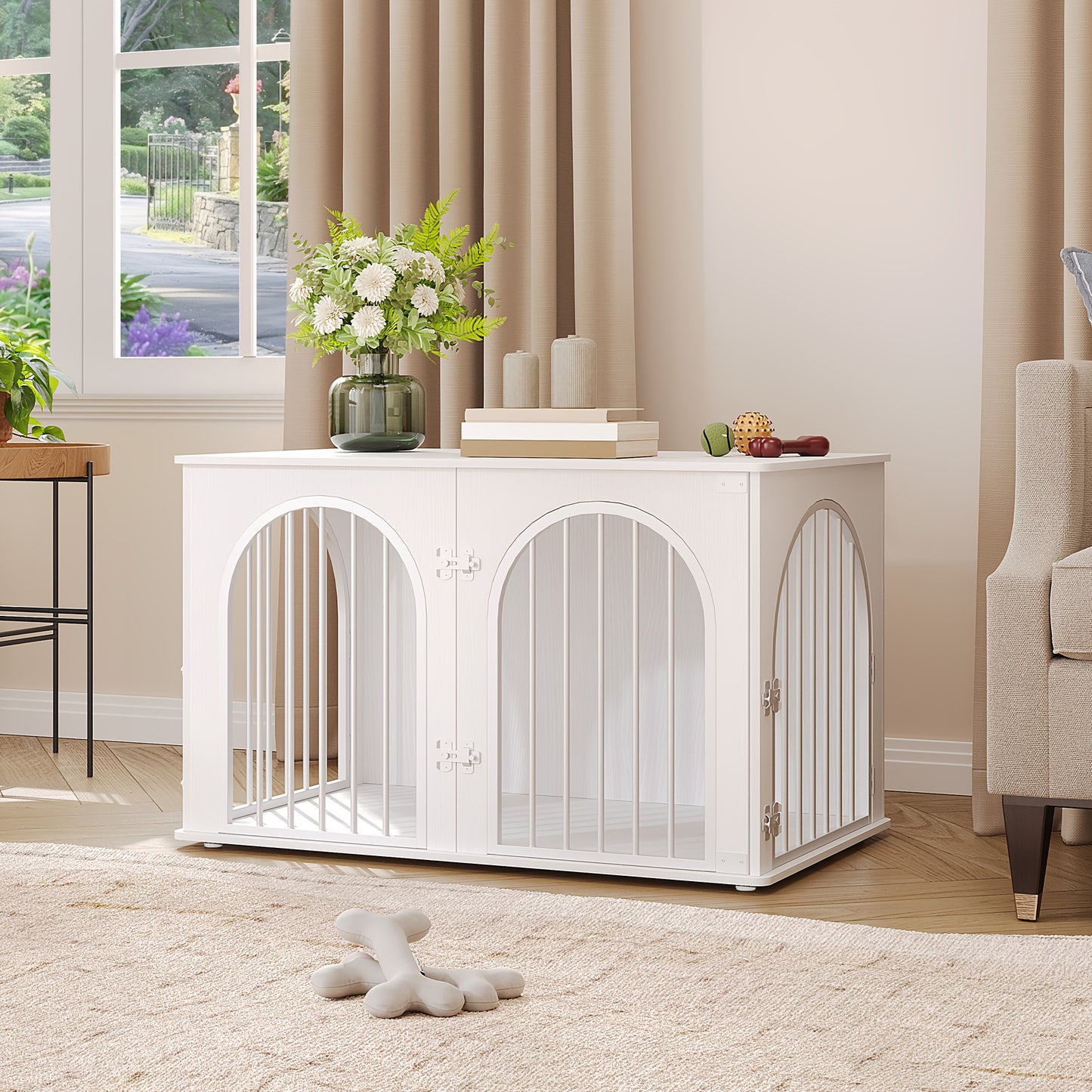 Hondenbench – Hondenkooi – Hondenhok – Hondenren – Hondenkooi Met Tafel – Extra Groot 3-Deurs – Dubbel Veiligheidsslot – Robuuste IJzer En Hout Constructie – Wit Met Houtaccent – Geschikt Voor Middelgrote Tot Grote Honden 60x100x63 cm