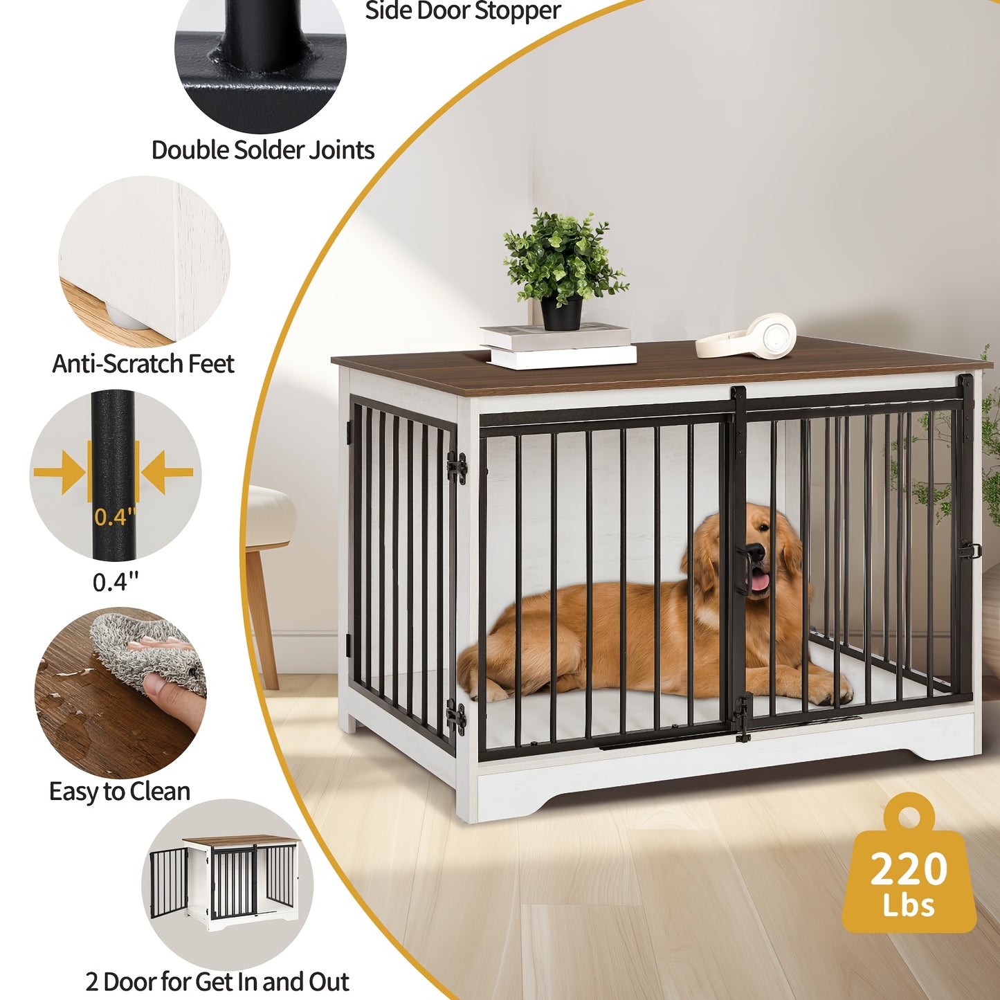 Hondenbench – Hondenkooi – Hondenhok – Hondenrek – Dierenbench – Wit Bruin – Duurzaam Hout & Staal – Heavy-Duty Anti-Kauw & Tweedelige Schuifdeuren – 60x100x68 cm