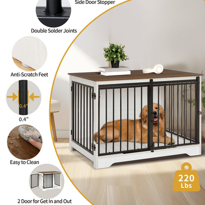 Hondenbench – Hondenkooi – Hondenhok – Hondenrek – Dierenbench – Wit Bruin – Duurzaam Hout & Staal – Heavy-Duty Anti-Kauw & Tweedelige Schuifdeuren – 60x100x68 cm