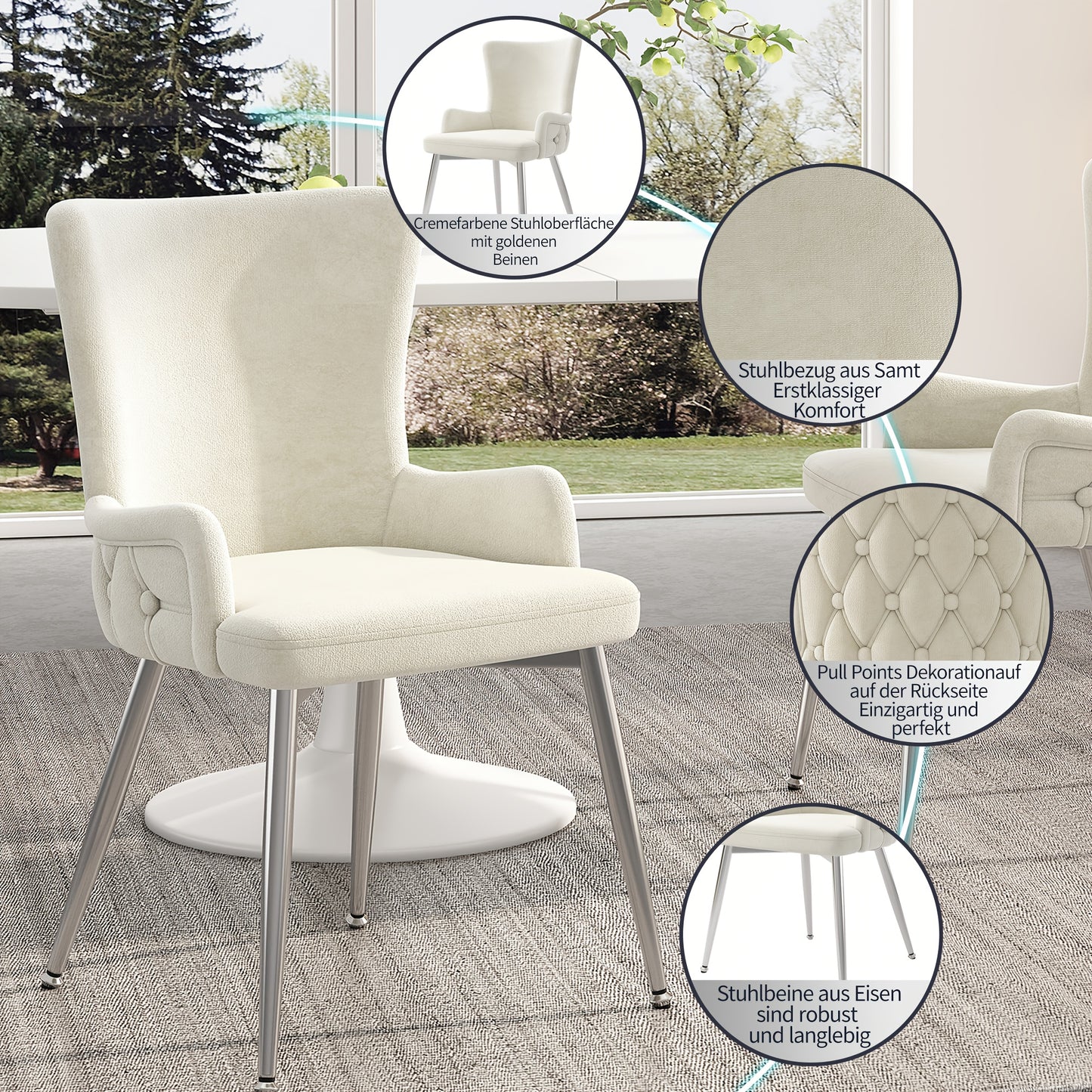 Eetkamerstoel – Stoel – Designstoel – Armstoel – Luxe stoel – Set van 2 Beige – Comfortabele Bekleding – Zilverkleurige Metalen Poten