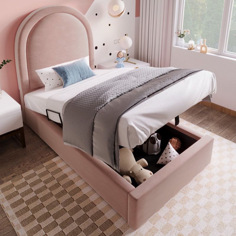 Eenpersoonsbed – Eenpersoonsbedframe – Kinderbed – Jeugdbed – Logeerbed – Vintage Fluwelen Gestoffeerd – Opbergruimte – 90x200 cm – Zonder Matras – Pastelroze – Eenvoudige Montage