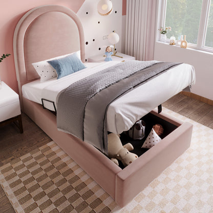 Eenpersoonsbed – Eenpersoonsbedframe – Kinderbed – Jeugdbed – Logeerbed – Vintage Fluwelen Gestoffeerd – Opbergruimte – 90x200 cm – Zonder Matras – Pastelroze – Eenvoudige Montage