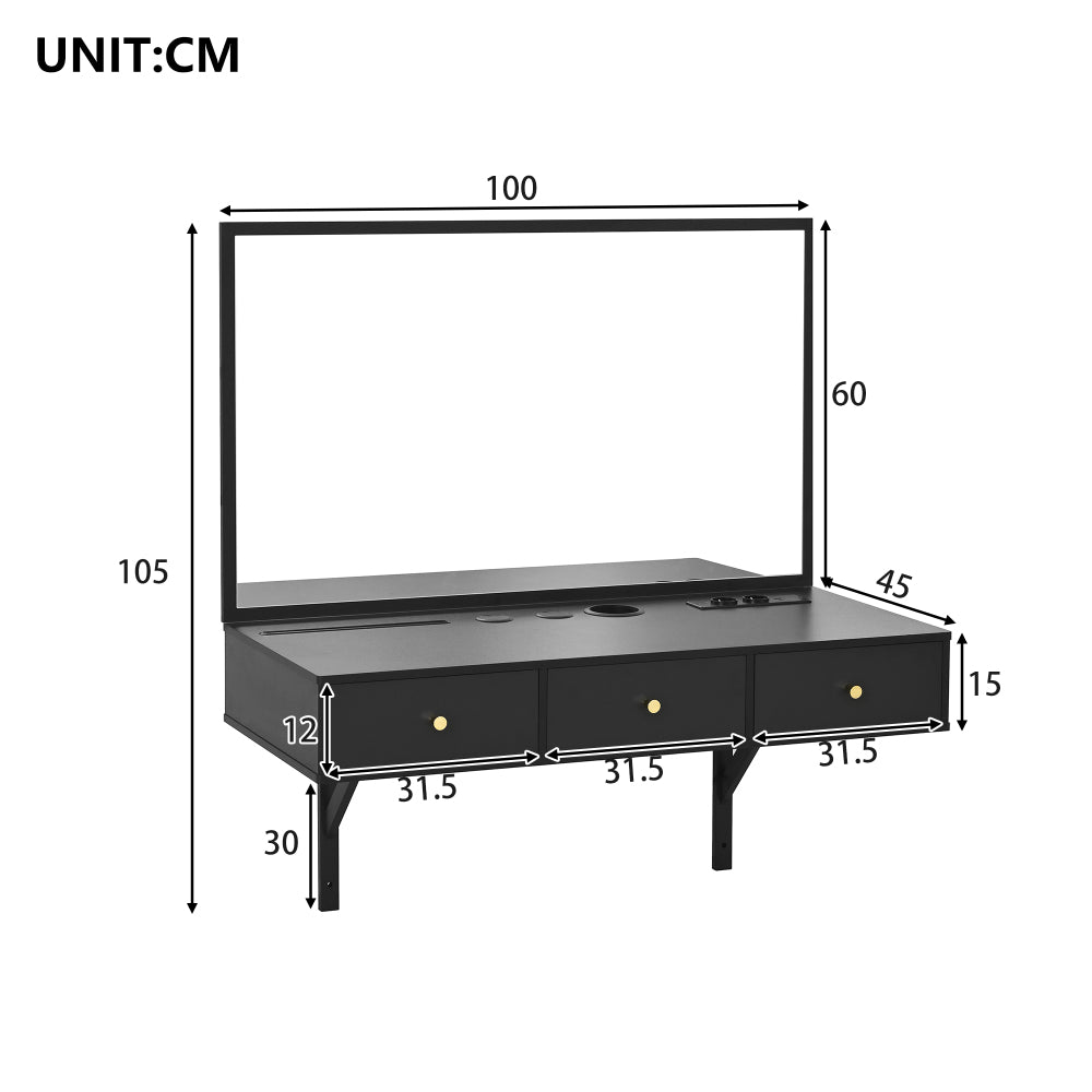 Modern Black Wall-Mounted Vanity Unit with Mirror - 3-Drawer Storage, Tablet Holder & Cup Rack, Space-Saving Bathroom/Bedroom Organizer, Metal Construction, Easy Assembly, 100.08cm Height, 3.2 Cu Ft Capacity, No Batteries/Ele