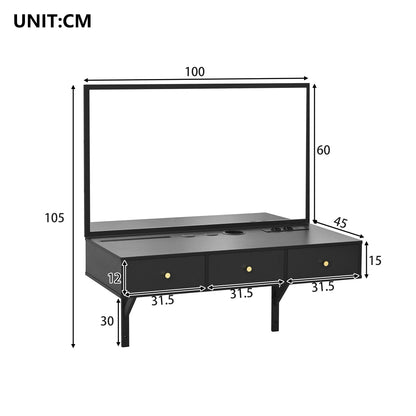 Modern Black Wall-Mounted Vanity Unit with Mirror - 3-Drawer Storage, Tablet Holder & Cup Rack, Space-Saving Bathroom/Bedroom Organizer, Metal Construction, Easy Assembly, 100.08cm Height, 3.2 Cu Ft Capacity, No Batteries/Ele
