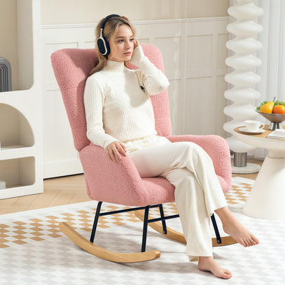 Roze Schommelstoel – Schommelstoel – Relaxstoel – Lounge Stoel – Fauteuil – Zachte Teddy Bekleding – Dikke Padding & Antislip Poten