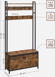 Kapstok met Schoenenkast - Kapstok met Bank - Kledingrek - Schoenenrek - 9 Haken - Bovenste Plank - voor Hal - Slaapkamer - Industrieel Design - Vintage Bruin - Zwart
