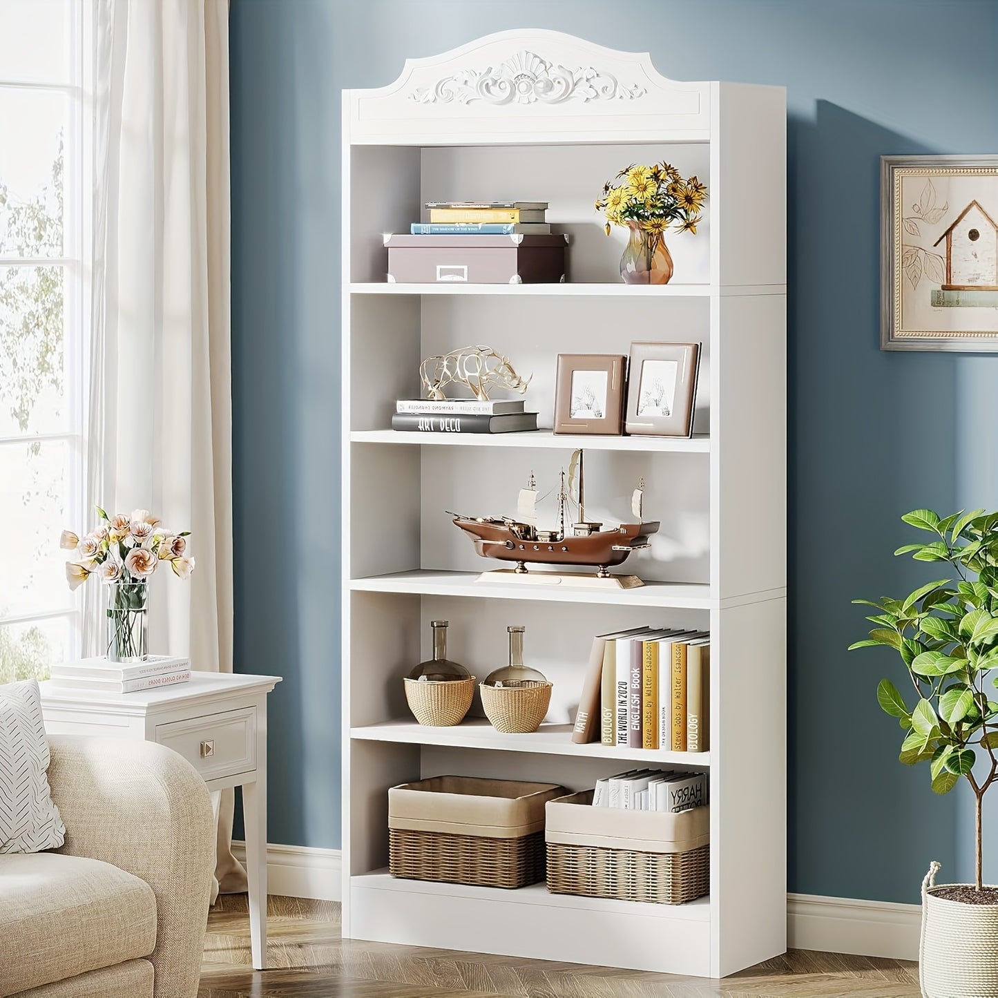Boekenkast – Boekplank – Boekenrek – Opbergkast – Vakkenkast – Wit – 5 Planken – MDF Hout – Anti-Kantelvoorziening