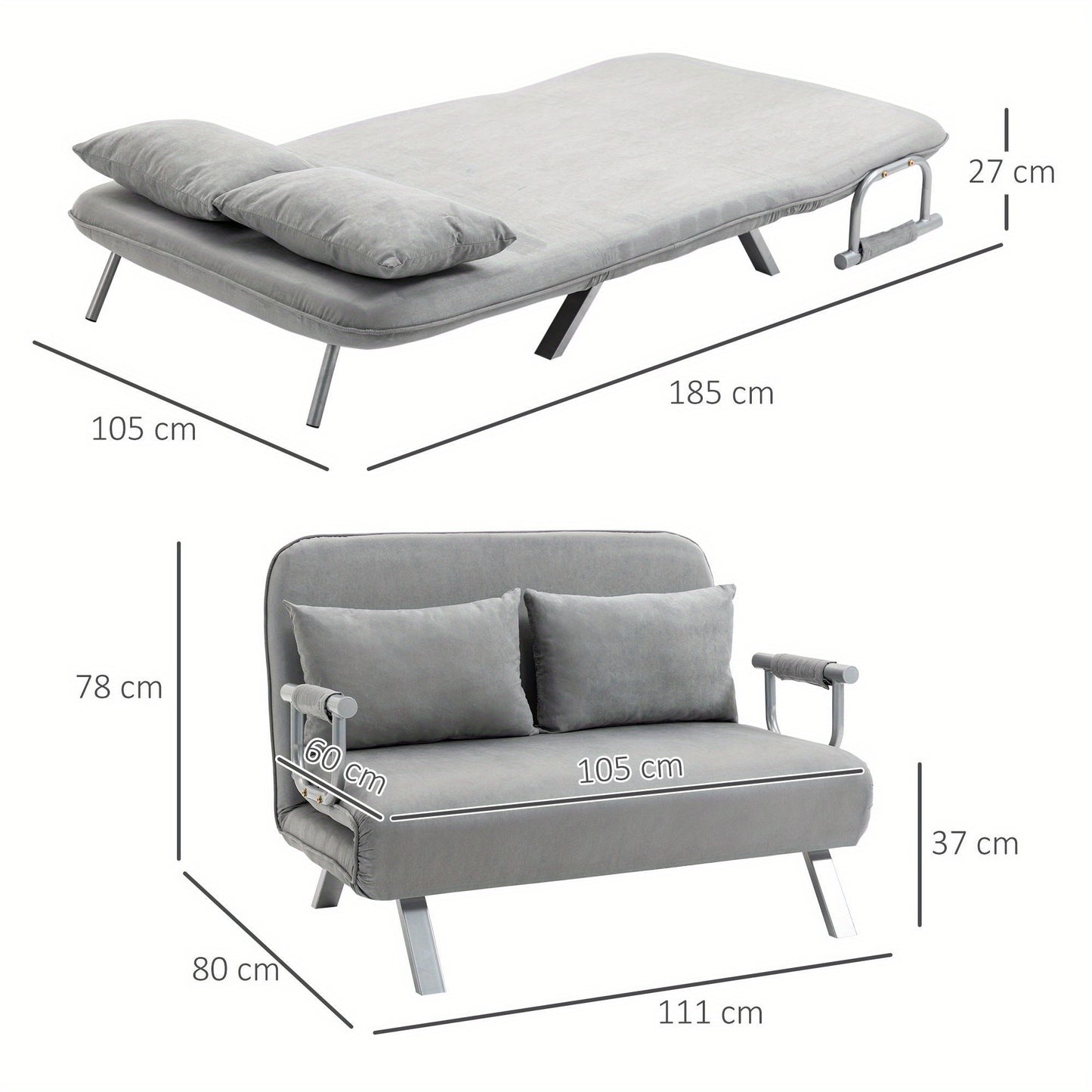 2-zitsbankbed – Slaapbank – Tweezitsbank – Loveseat – Bedbank – Verstelbare Rugleuning – Max. Draagkracht 150 kg – Lichtgrijs – Inclusief Kussens