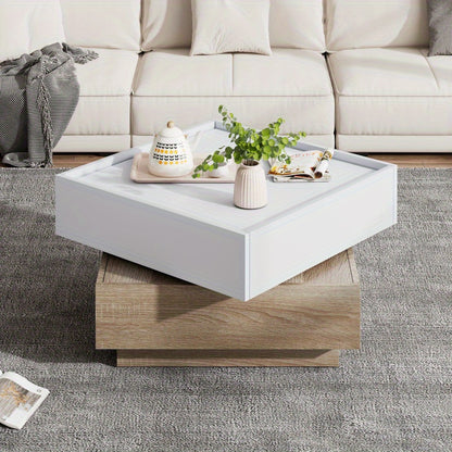 Salontafel – Koffietafel – Woonkamertafel – Draaibare Tafel – Opbergtafel – 360° Draaibaar Bovenblad – Walnoot Frame Met Wit Tafelblad
