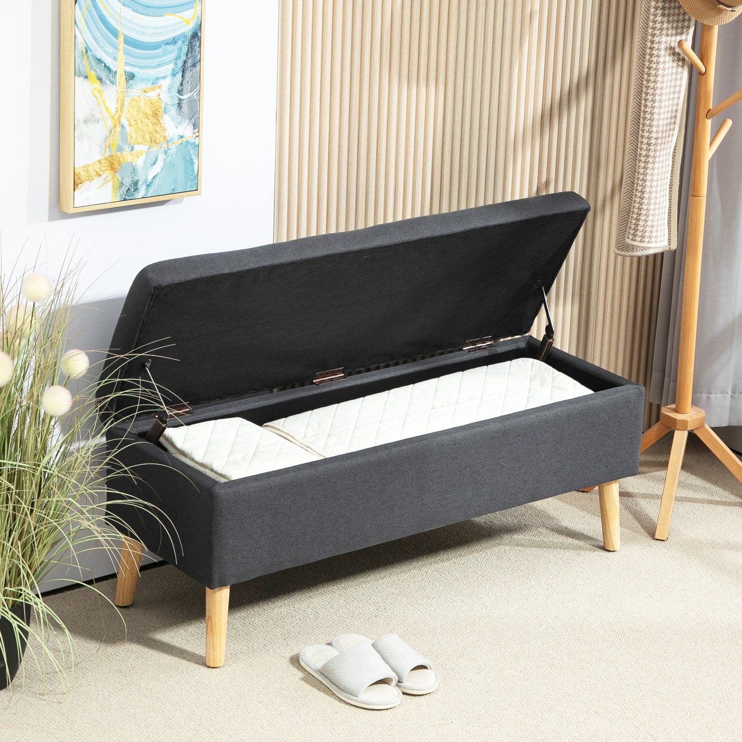 Gestoffeerde Bank – Opbergbank – Zitbank – Bedbank – Linnen Bank – Donkergrijs – Rubberhouten Frame – Compact 110x39x45 cm