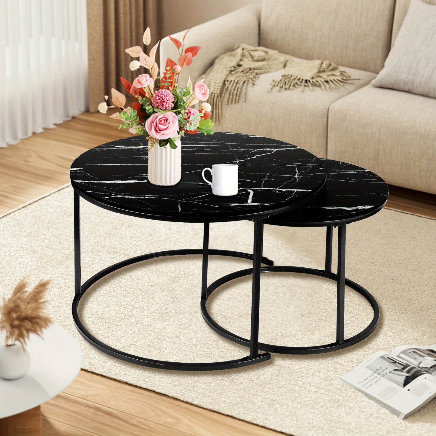 Nordic Salontafel – Woonkamer Tafel – Bijzettafel – Koffietafel – Set Van Twee – Zwart – Metalen Frame – Compact Formaat 45x45x70/38x38x50 cm