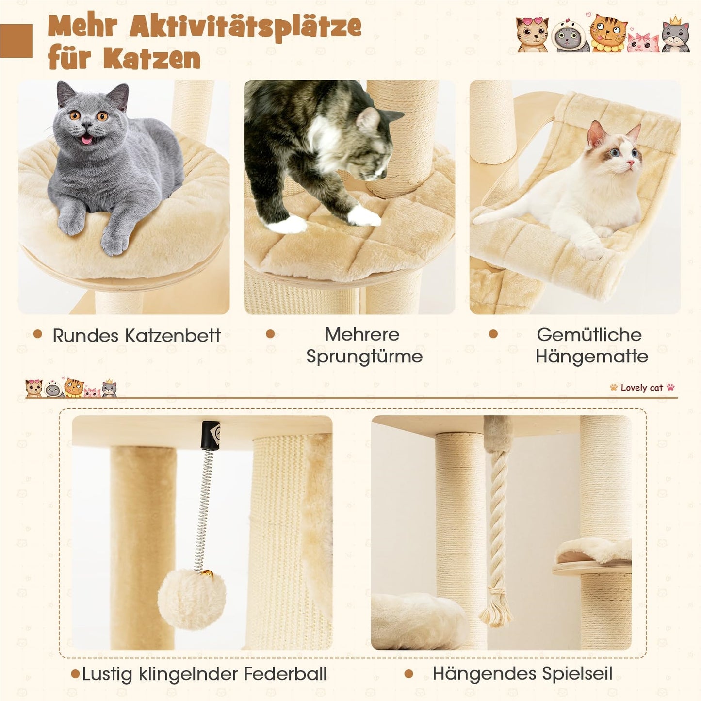 Krabpaal Kat – Klimpaal Kattenmeubel – Krabboom Kattenhuis – Kattenboom Met Hol – Beige Kattenmeubel – 173 Cm Hoog – Stevig Massief Hout Met Sisal