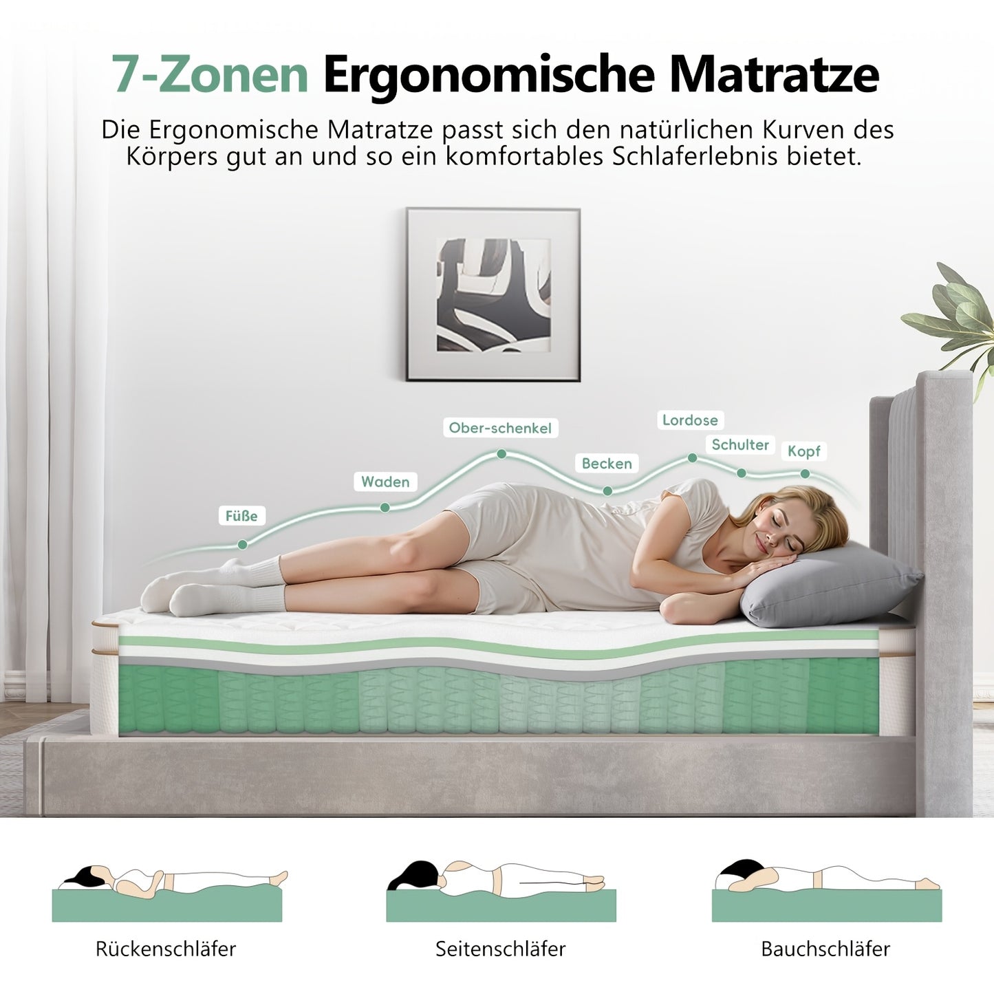 7-Zones Pocketvering Matras – Matras – Slaapmatras – Pocketveermatras – Ergonomisch Matras – Stevige H3 Hardheid – Afneembare Wasbare Katoenen Hoes