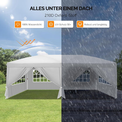 Vouwtent – Partytent – Opzettent – Klaptent – Paviljoen – Wit Met 4 Zijwanden – Weerbestendig 210D Oxford Stof – Ruim 3 x 6 Meter