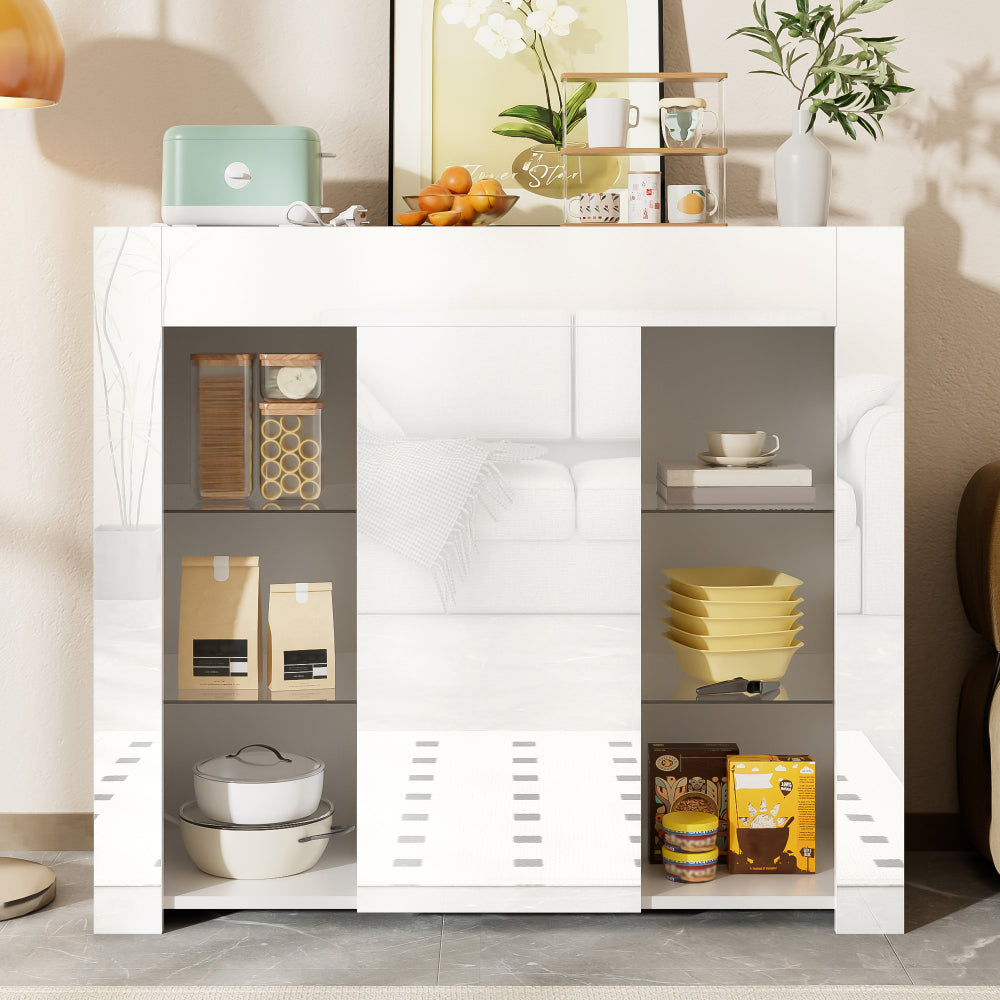 Modern White Metal Sideboard Cabinet with High-Gloss Doors & Glass Shelves - Compact Storage Furniture with Spacious Top Shelf, Floor-Standing Design for Living Room, Dining Room, Kitchen - Space-Saving Organizer for Dishes,