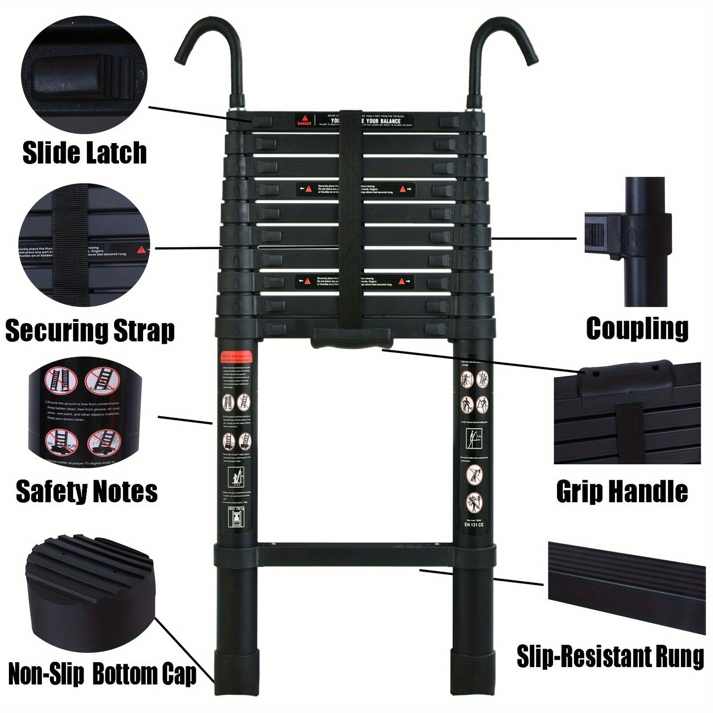 Uitklapladder – Vouwladder – Uitschuifladder – Telescopische Ladder – Trapladder – 5 Meter – Aluminium – Lichtgewicht – Antislip Voeten – Afneembare Haken