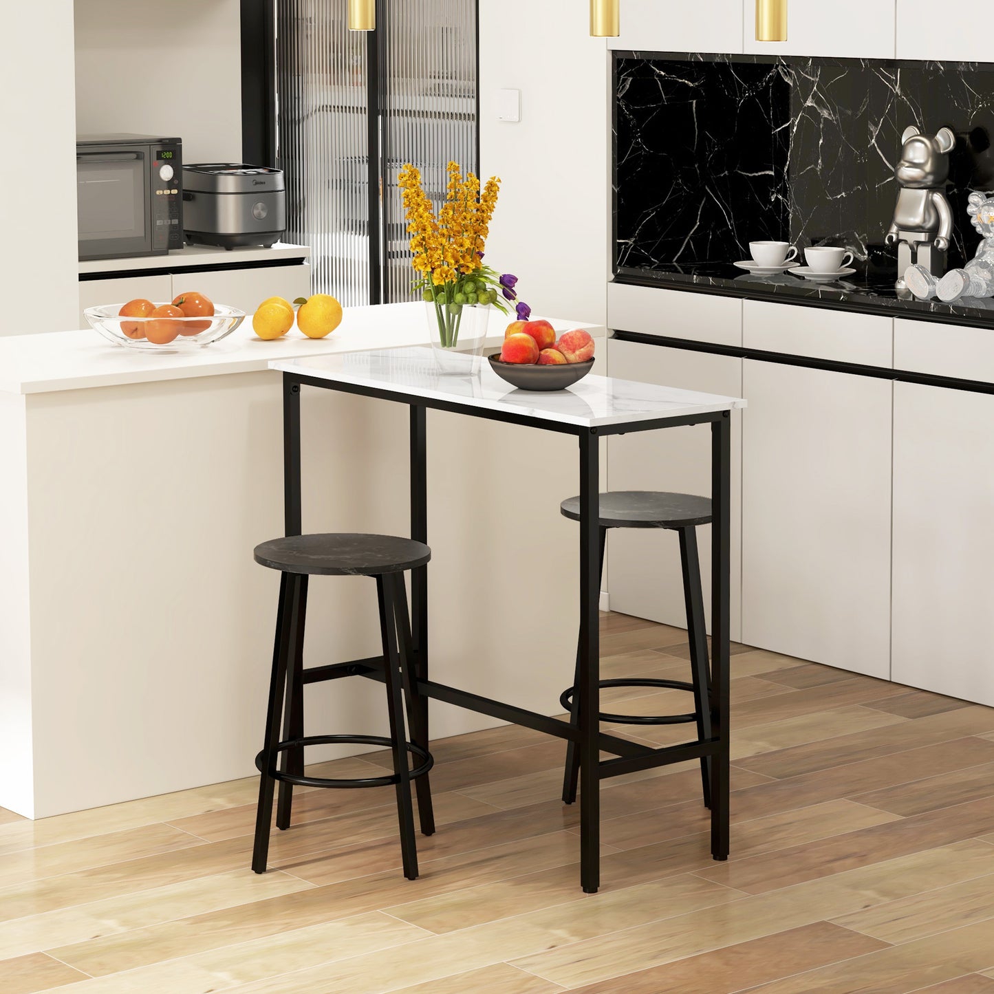 Barset – Barkrukset – Bar tafel met krukken – Eettafel – Keukentafel – Wit Zwart Marmer-Look – Comfortabele Voetsteunen – Stevig Staalframe