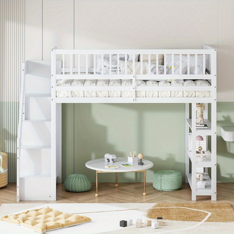 Hoogslaper – Stapelbed – Eenpersoonsbed – Kinderbed – Bed met Opbergruimte – 90 x 200 cm – Veiligheidsladder – Witte Multifunctionele Hoogslaper met Kast en Planken
