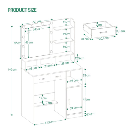 Dressing Table With Mirror And 10 LED Lights, Adjustable Brightness, Dressing Table With 2 Drawers & 1 Cabinet, 3 Shelves & 4 Open Compartments, White