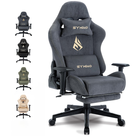 Gamingstoel Ergonomisch – Bureaustoel Gaming – Office Chair Draaistoel – Zithoek Stoel Verstelbaar – Met Voetensteun & Lendensteun – Memory Foam Kussen – Metalen Frame – Handmatig Verstelbaar – Grijs
