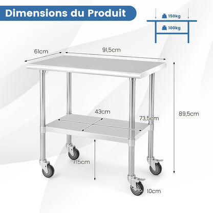 RVS Werktafel – Roestvrijstalen Tafel – Werkbank – Inklapbare Keukentafel – Mobiele Werktafel – Verstelbare Onderplank – 250 kg Draagvermogen – 4 Wielen Met Rem