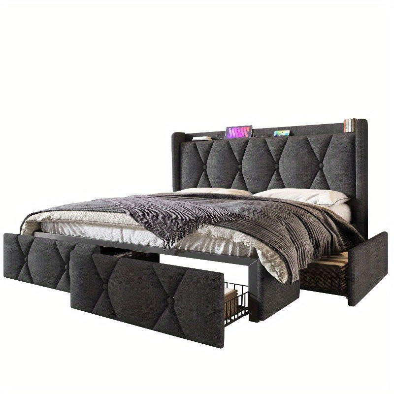 Bedframe 140x200 – Tweepersoonsbed – Opbergbed – Gestoffeerd Bed – Lattenbodem – Grijs – Met Opberglades en Hoofdeinde – Inclusief Matras en Houten Latten