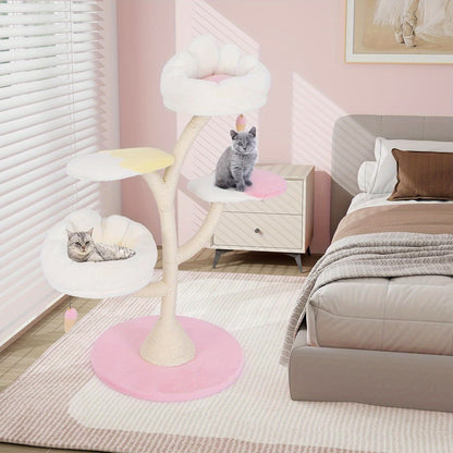 Krabpaal – Kattenboom – Kattenhuis – Kattenmeubel – Kattentoren – 4 Niveaus Met Speelballen – Afneembare Wasbare Ligplaatsen – Roze/Wit – Compact & Stevig