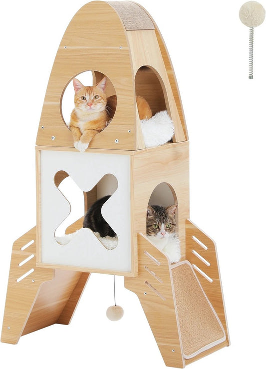 Moderne Kattenboom Raket - Kattenmeubels - Houten Kattentoren voor Binnenkatten - Decoratief 2 in 1 Ontwerp - Krabvellen - Hout - 110cm Hoog